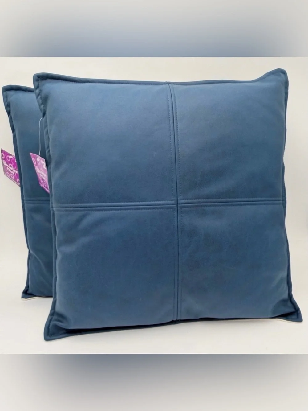 Set of 2 Blue Faux Leather Throw Pillow 16” X 16”